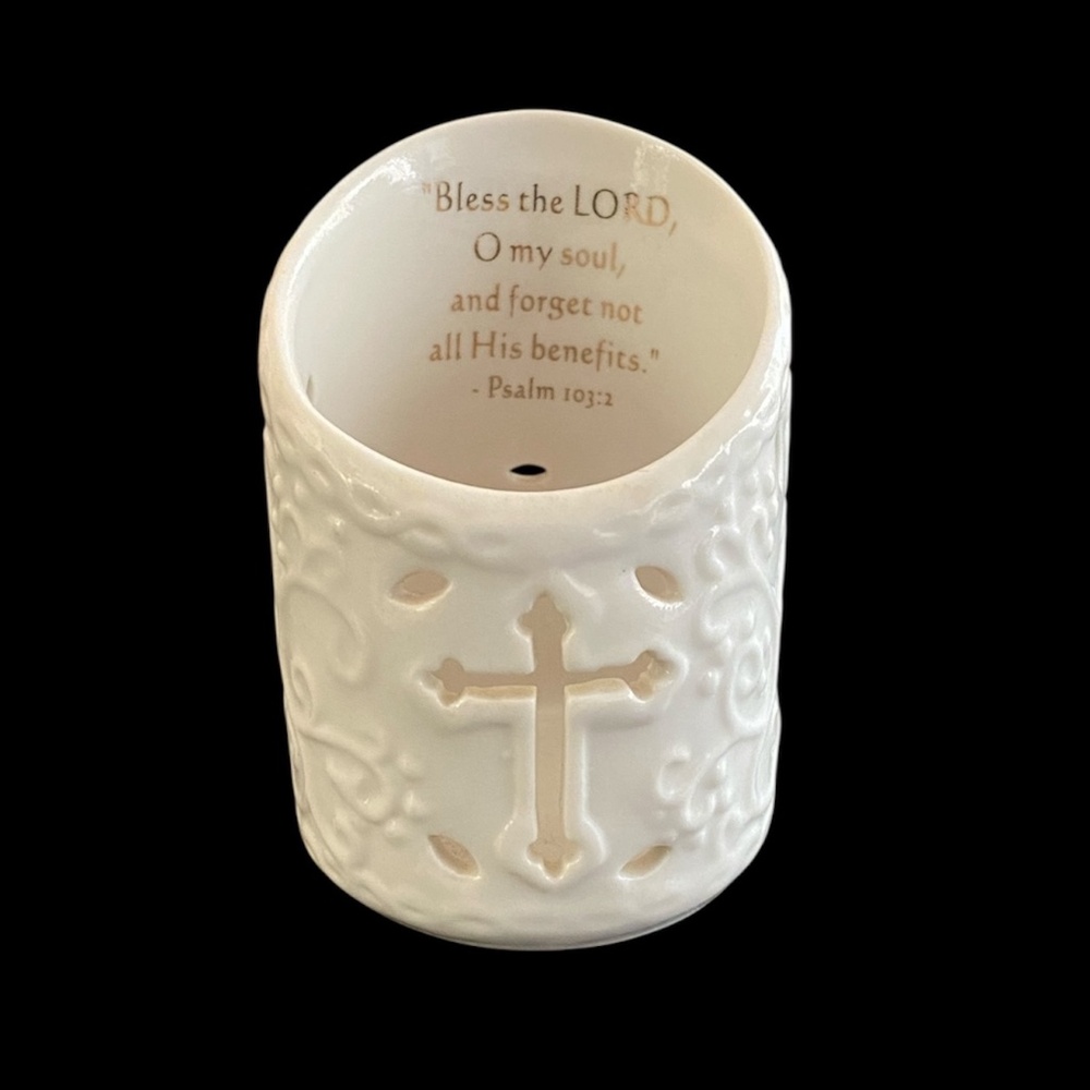 White Votive Candle Holder Cross Cut-out Scripture Psalms 103:2 Gold Print